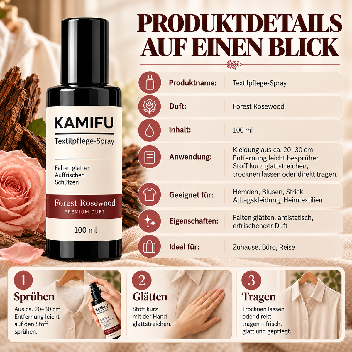 Keine Falten mehr, dazu noch ein Hauch von Rosen – Forest Rosewood: einfach aufsprühen und tragen – überall makellos.