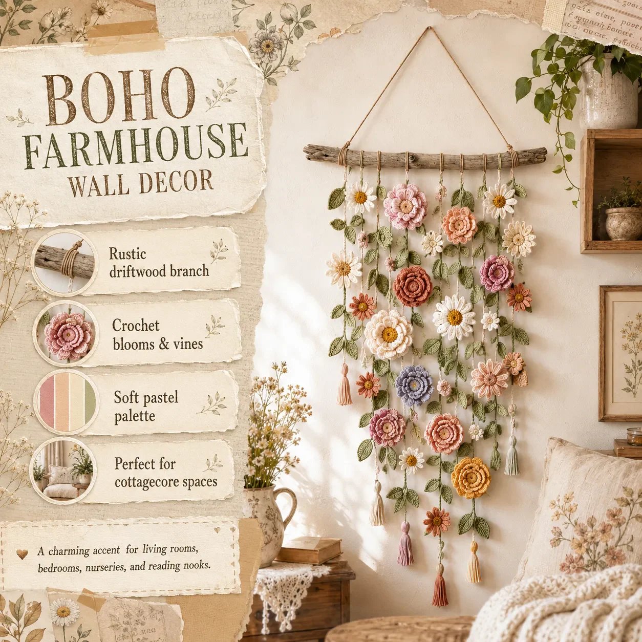 Boho-Dekoration mit all'uncinetto Blumen 🌸🌿
