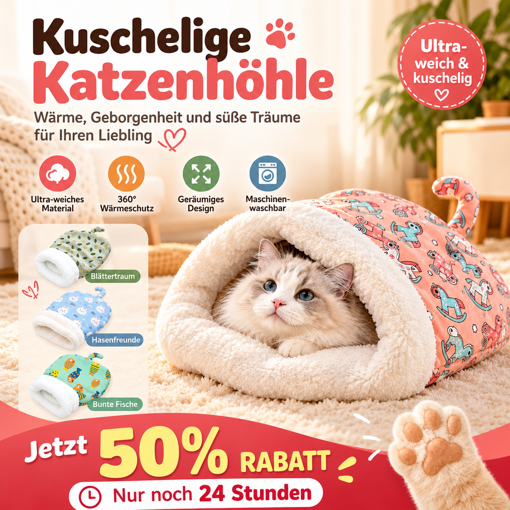 ⏳50% RABATT! 🐱 Flauschiger Katzen-Winterschlafsack – halbgeschlossene Kuschelhöhle mit Cartoon-Muster😴
