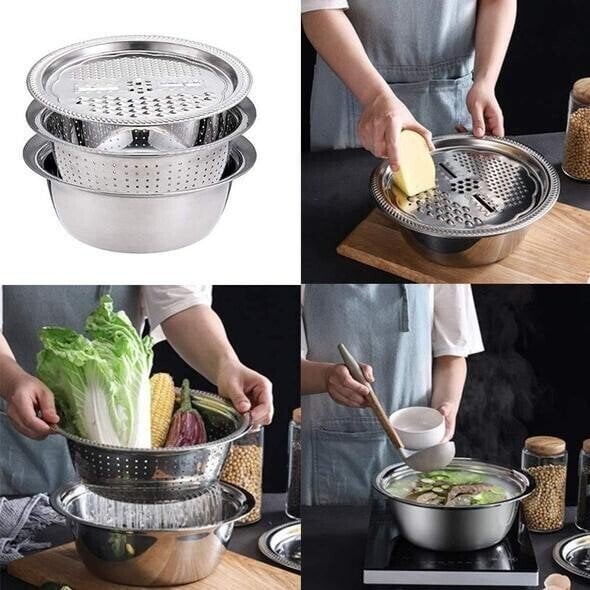 🥗 3-in-1 Set mit Schüssel, Abtropfschale & Reibe – Integrierter Abtropfkorb Zum Waschen, Abtropfen & Mischen Für Eine Effiziente Küche ✨