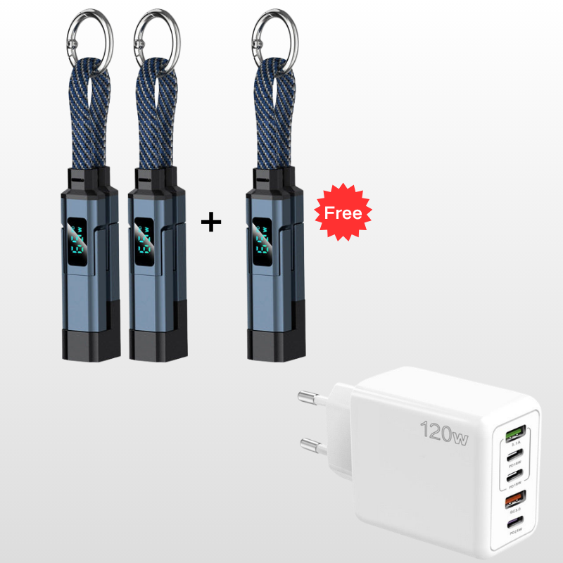 🔌 4-in-1-Ladekabel mit Digitalanzeige und Schlüsselanhänger – Schnellladefunktion, knickfest und kompakt