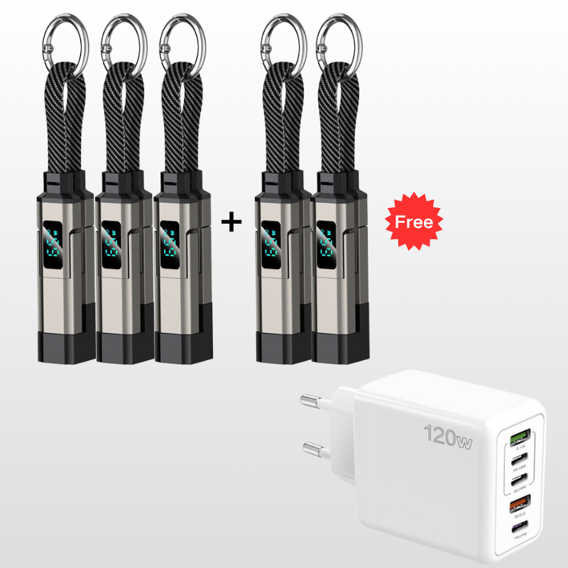 🔌 4-in-1-Ladekabel mit Digitalanzeige und Schlüsselanhänger – Schnellladefunktion, knickfest und kompakt
