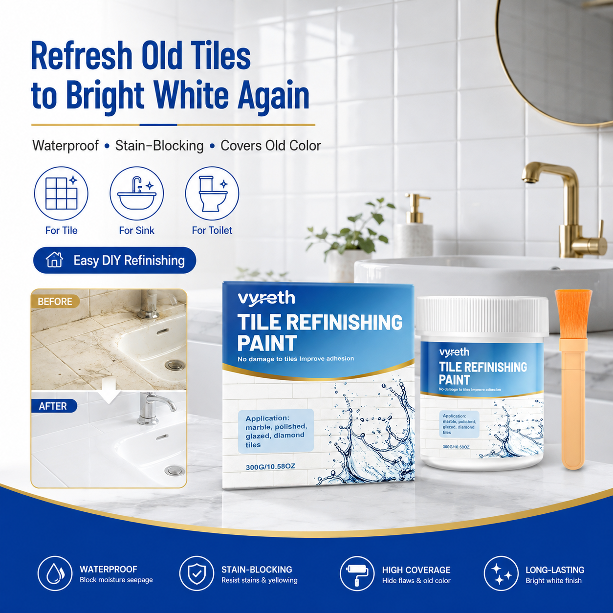 White Tile Refinishing Paint – Waterproof Stain-Blocking DIY Coating for Tiles, Sinks & Toilets