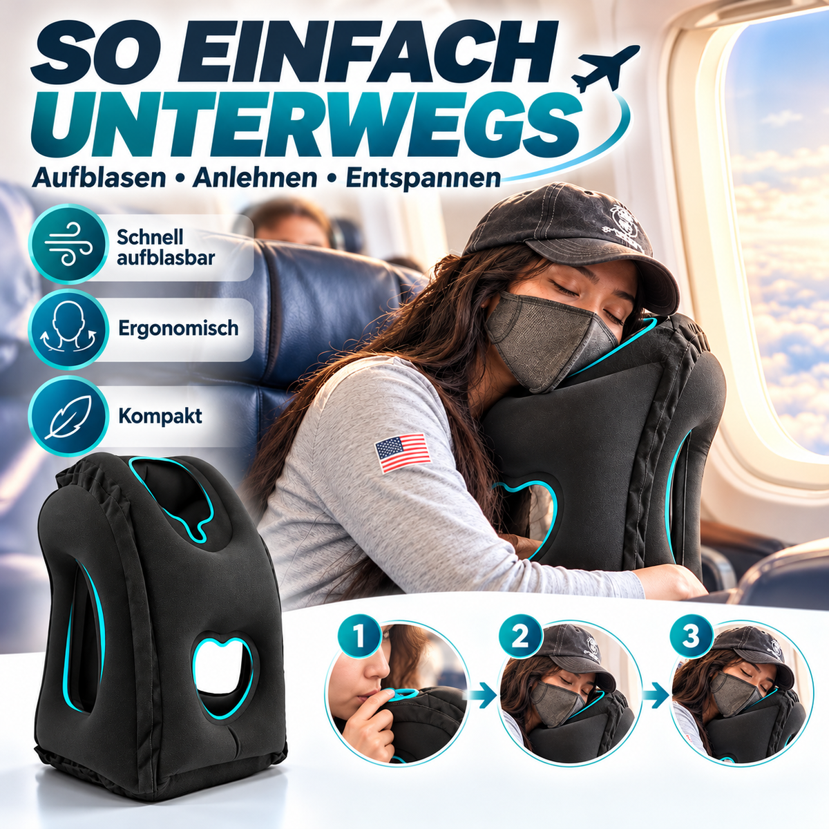 🔥50 % RABATT🌬️✈️😴 Tragbares, aufblasbares, ergonomisches Reisekissen: Genießen Sie jederzeit und überall einen angenehmen Schlaf 🧳💤