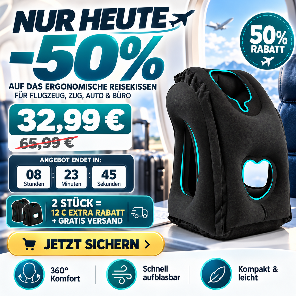 🔥50 % RABATT🌬️✈️😴 Tragbares, aufblasbares, ergonomisches Reisekissen: Genießen Sie jederzeit und überall einen angenehmen Schlaf 🧳💤