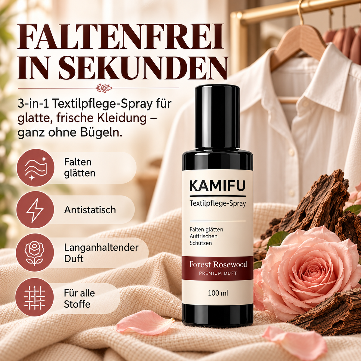 Keine Falten mehr, dazu noch ein Hauch von Rosen – Forest Rosewood: einfach aufsprühen und tragen – überall makellos.