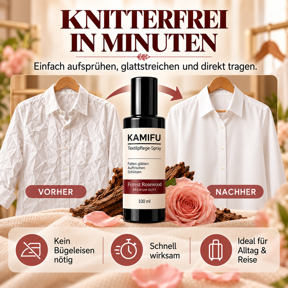 Keine Falten mehr, dazu noch ein Hauch von Rosen – Forest Rosewood: einfach aufsprühen und tragen – überall makellos.