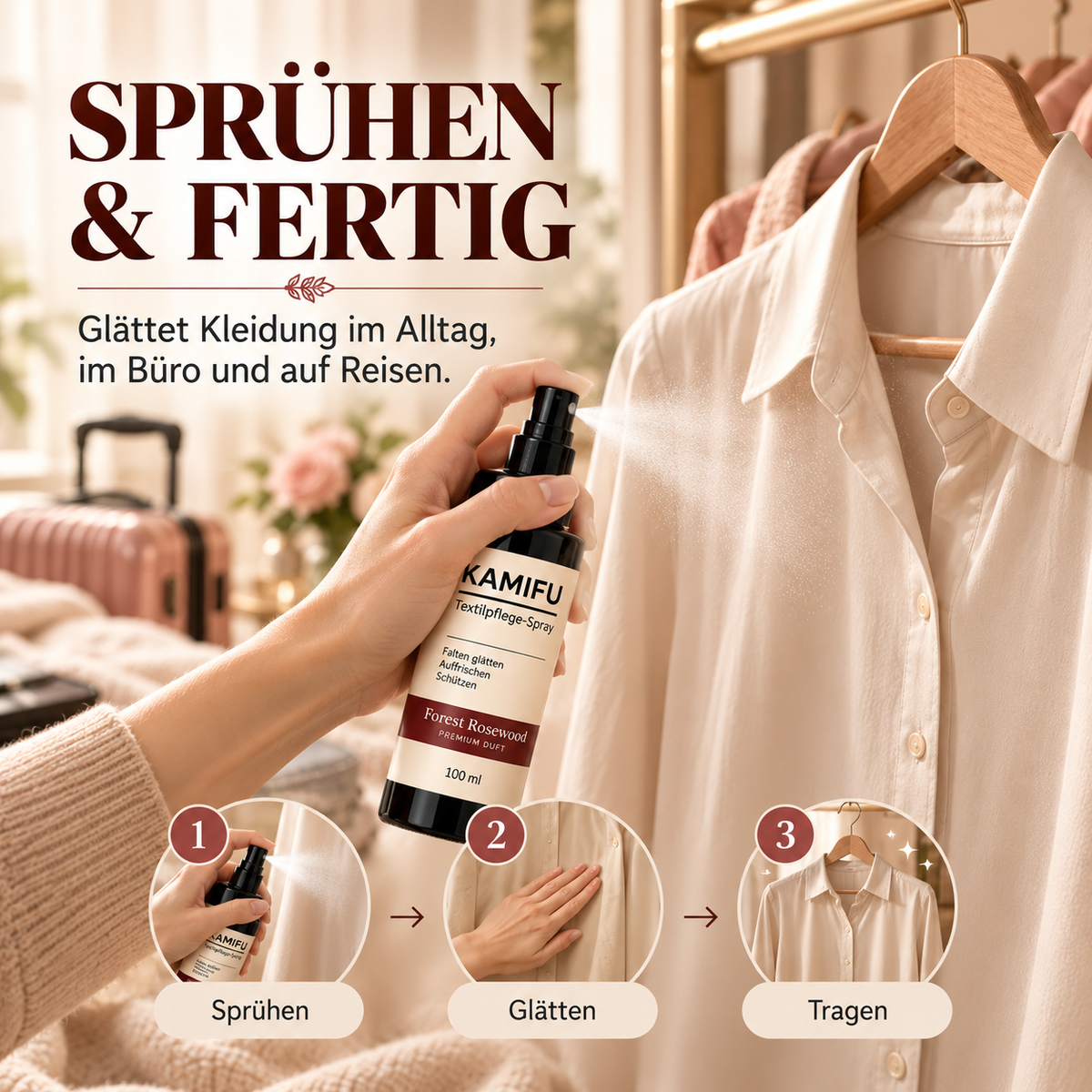 Keine Falten mehr, dazu noch ein Hauch von Rosen – Forest Rosewood: einfach aufsprühen und tragen – überall makellos.
