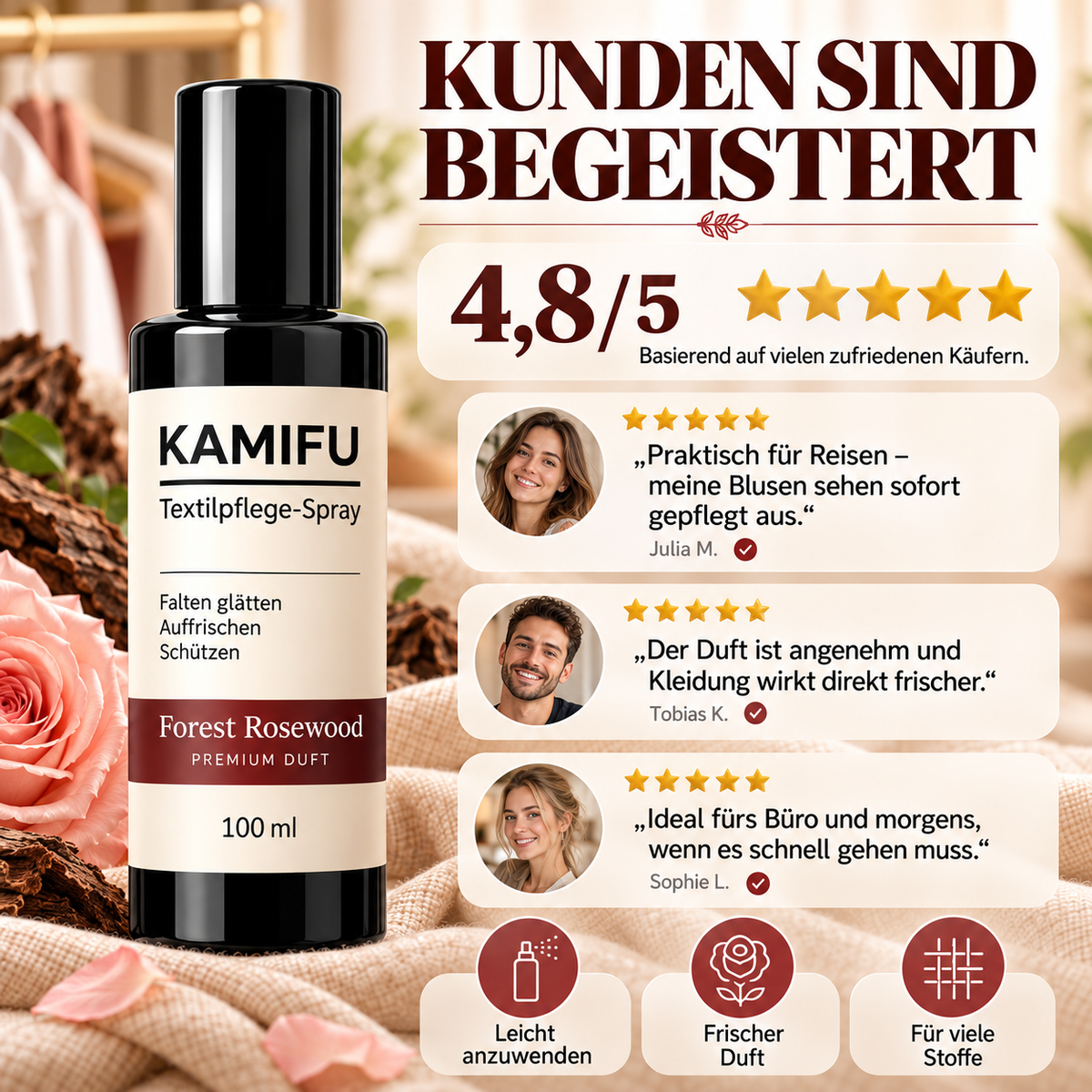 Keine Falten mehr, dazu noch ein Hauch von Rosen – Forest Rosewood: einfach aufsprühen und tragen – überall makellos.