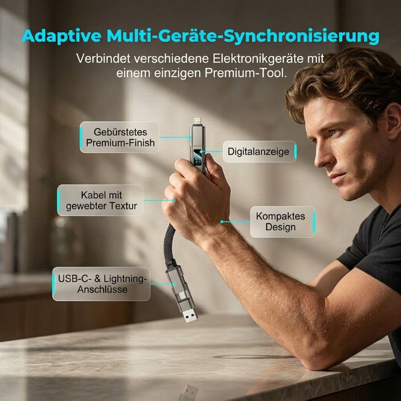🔌 4-in-1-Ladekabel mit Digitalanzeige und Schlüsselanhänger – Schnellladefunktion, knickfest und kompakt