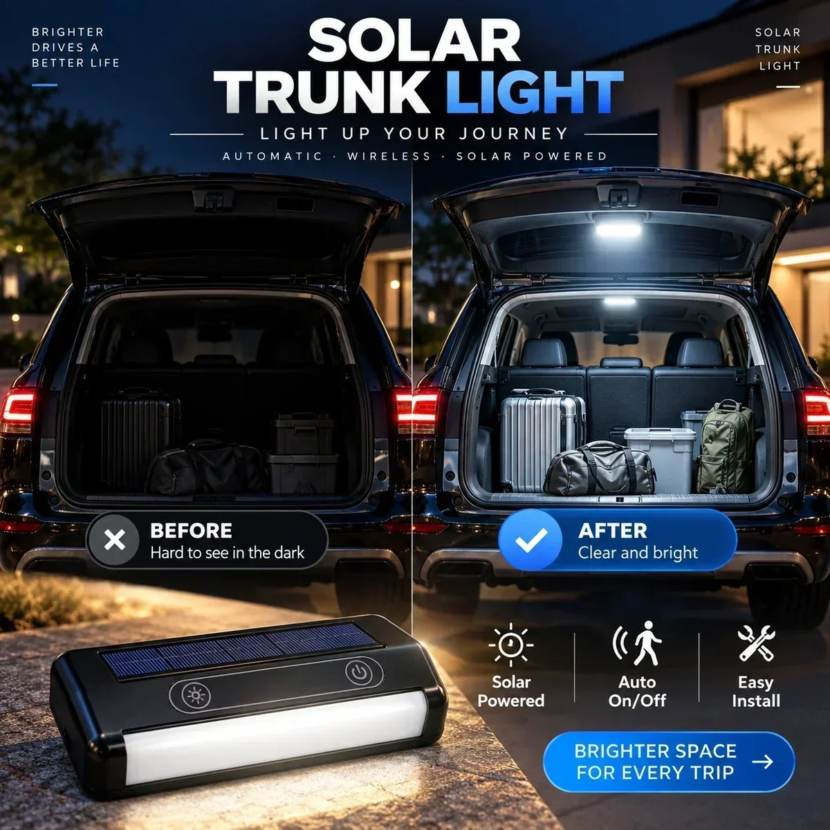 🔆 Solarbetriebene LED-Kofferraumleuchte für Autos – Automatischer Sensor, kabellos, 6 Farben, für SUVs und Pkw