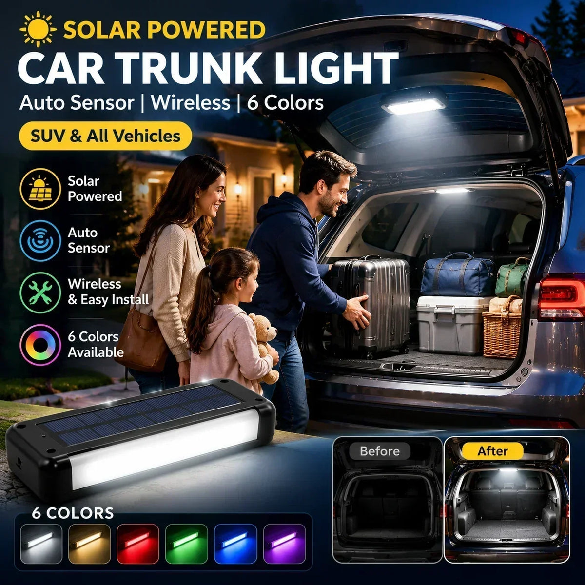 🔆 Solarbetriebene LED-Kofferraumleuchte für Autos – Automatischer Sensor, kabellos, 6 Farben, für SUVs und Pkw