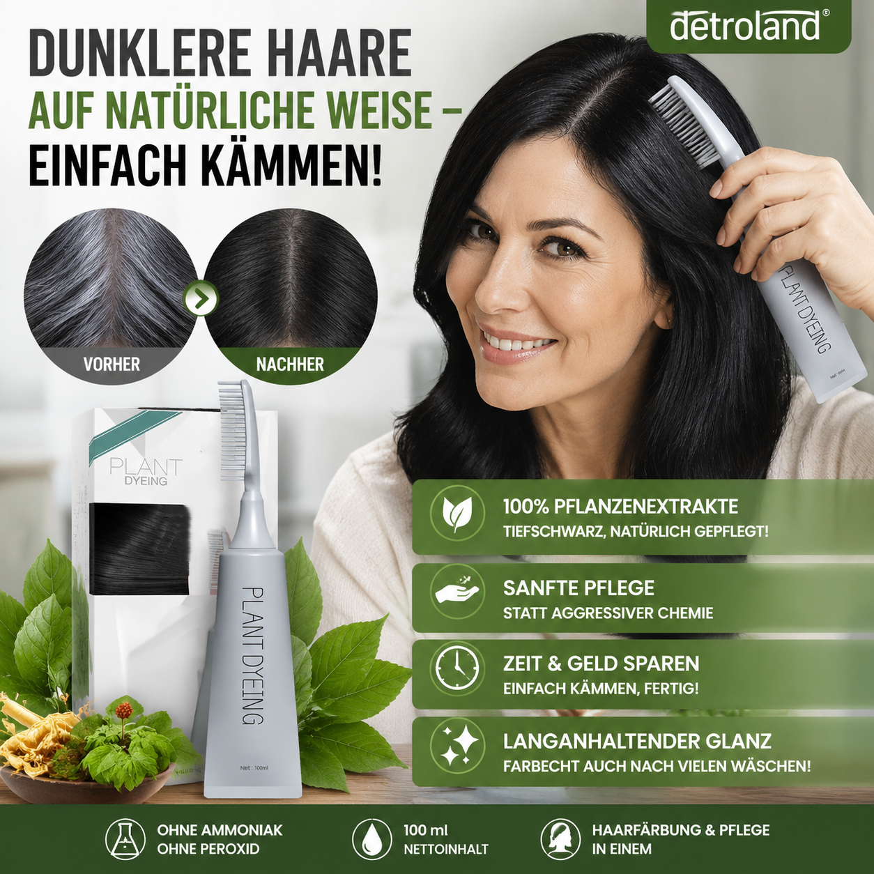 ✨ Deutsche Pflanzenhaarfarbe für Salon-Perfekte Wurzeln – 100% Pflanzenkraft, Einfache Anwendung & Deckt Graues Haar In 5 Minuten 🌿