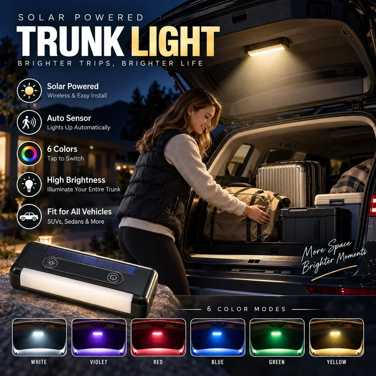 🔆 Solarbetriebene LED-Kofferraumleuchte für Autos – Automatischer Sensor, kabellos, 6 Farben, für SUVs und Pkw