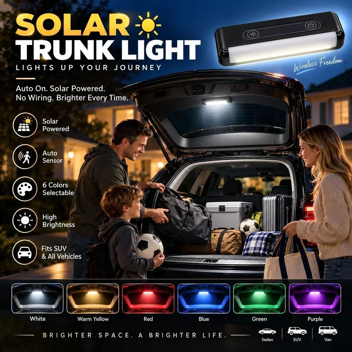 🔆 Solarbetriebene LED-Kofferraumleuchte für Autos – Automatischer Sensor, kabellos, 6 Farben, für SUVs und Pkw