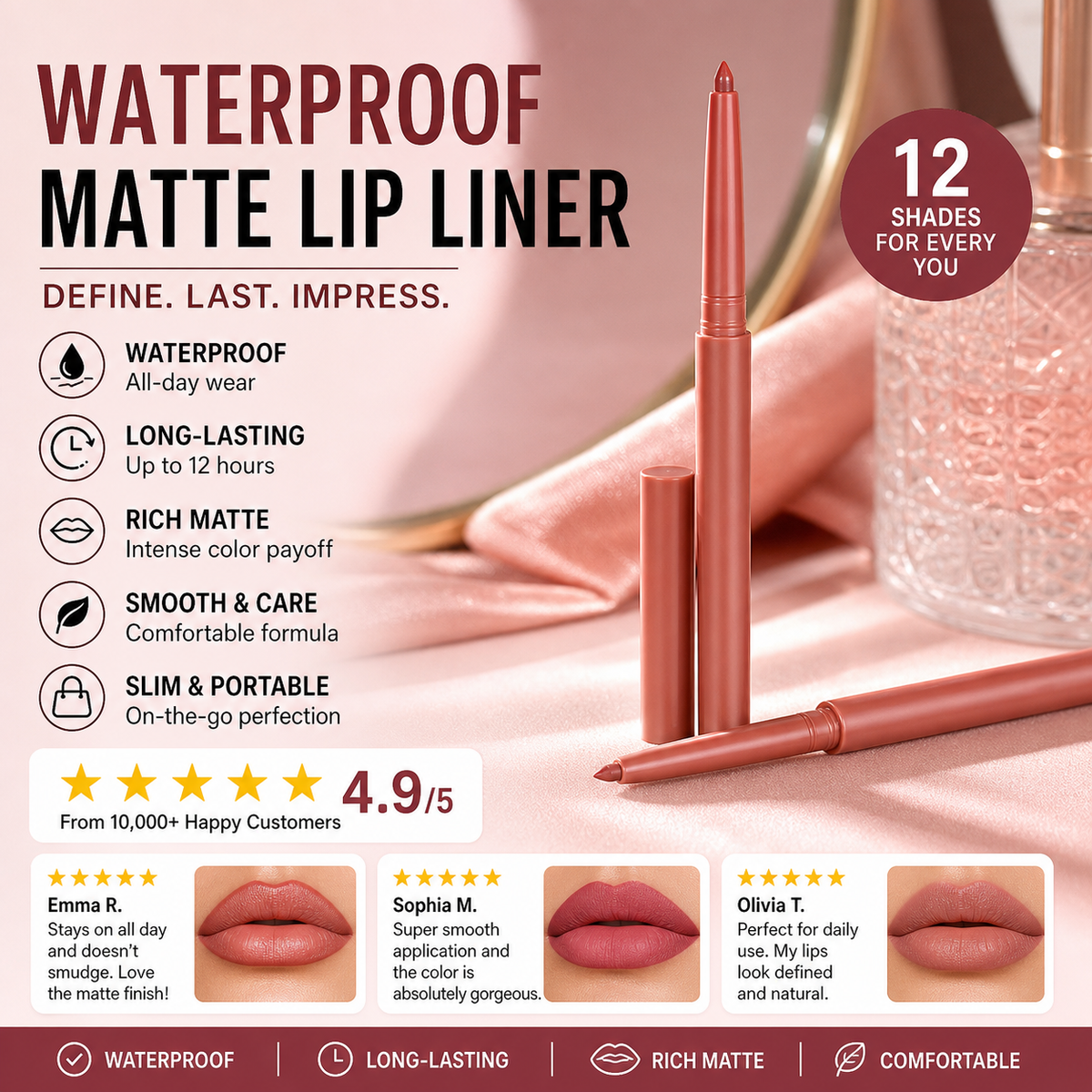 💄 Set Matite Labbra Opache Waterproof Retraibili 💋 12 Tonalità a Lunga Tenuta ✨ Finish Matte Vellutato Anti-Sbavature 💧 | Contorno e Riempimento Labbra Preciso 👄