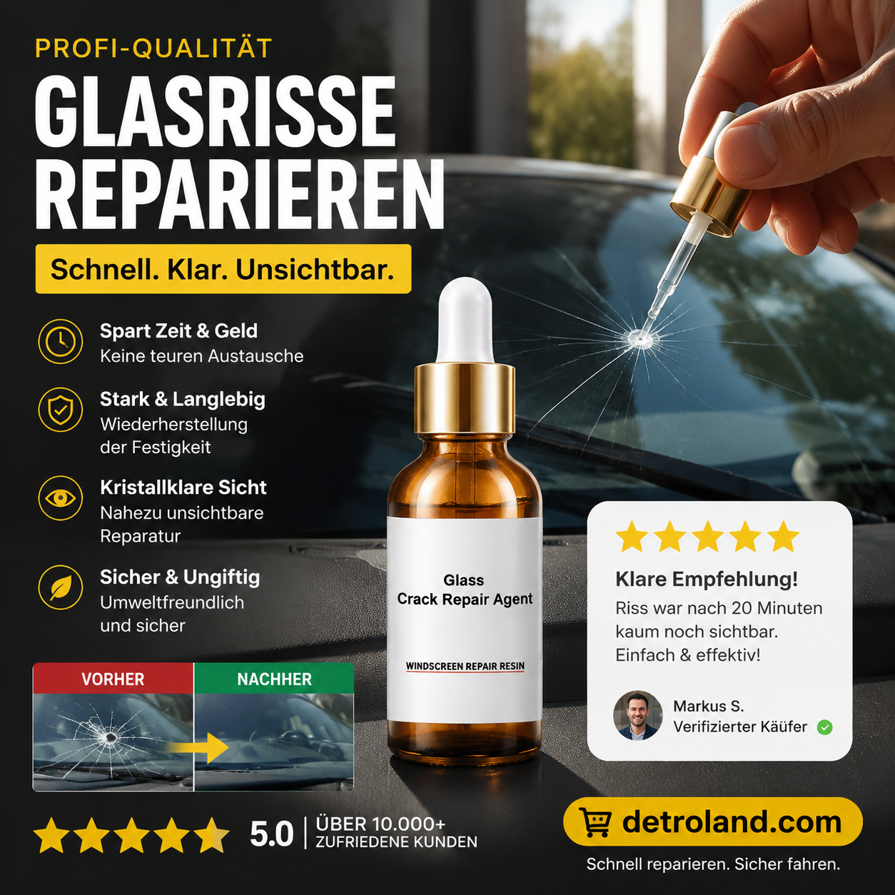 🔧 Glasriss Reparaturharz für Autoscheiben – Einfache Selbstverwendung, temperaturbeständig, klare unsichtbare Reparatur von Steinschlägen und Rissen
