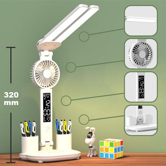 LED Eye-Care Table Lamp with Built-In Fan and Clock