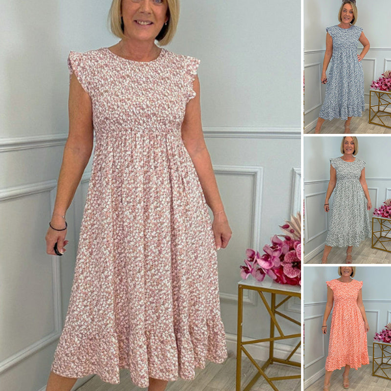 🎉🛍️Heißer Verkauf 60% Rabatt💃Elegantes Blumenkleid mit hoher Taille und Rüschen-Cap-Ärmeln