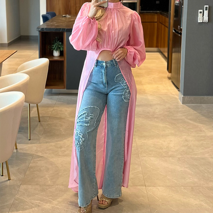 €19.99!!🔥Asymmetrisches Oberteil mit Stehkragen und Puffärmeln