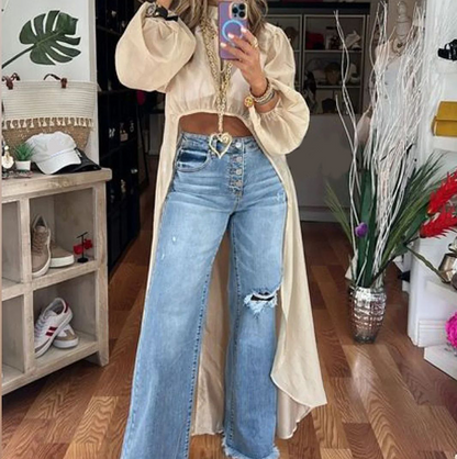 €19.99!!🔥Asymmetrisches Oberteil mit Stehkragen und Puffärmeln