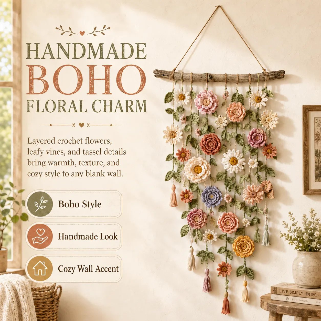 Boho-Dekoration mit all'uncinetto Blumen 🌸🌿