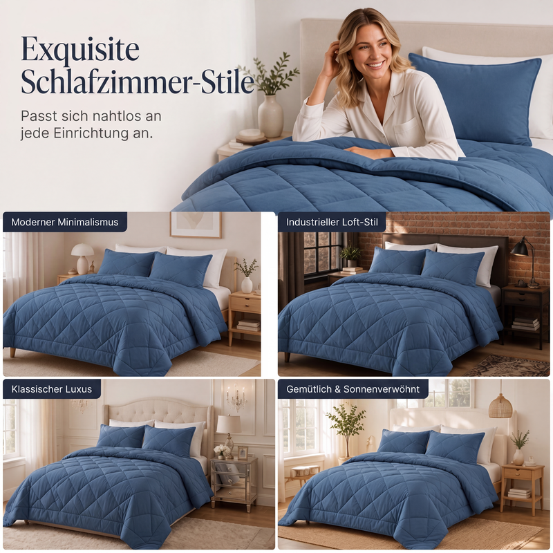 Steppbettwäsche-Set 3-teilig – Wolkenweich, ganzjährig warm! 🛏️ Rautensteppung hält Form, feuchtigkeitsregulierend, samtig weich ☁️