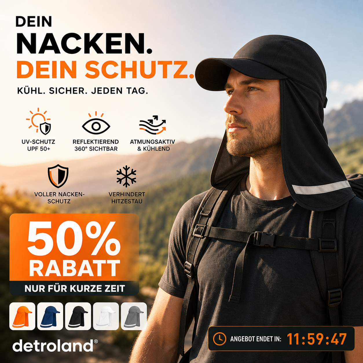 🌞 Mit verlängertem Schirm bis zum Nacken – Kaufen Sie 2  und erhalten Sie 50 % zusätzlichen Rabatt! 🏞️