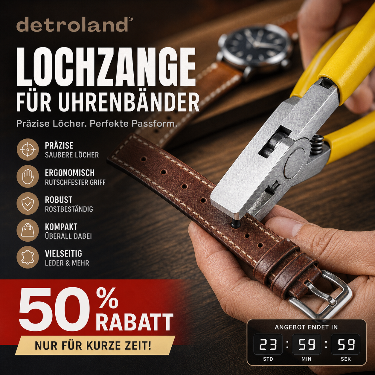 🔧 50% RABATT! 🎉 Tragbare Uhrenarmband-Lochzange – Präzise & einfach – Perfekt zum Anpassen von Leder-, Gummi- oder Kunststoffbändern – für Heimwerker & Uhrenliebhaber ⌚🛠️✨
