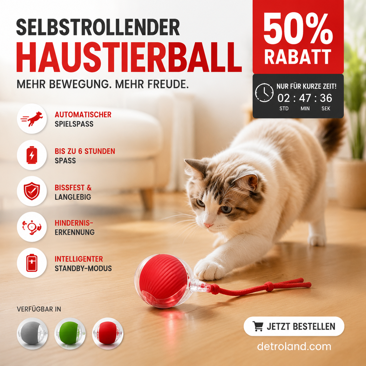 🐾 50% RABATT! 🔥 Intelligenter selbstrollender Ball – Hindernissensor, aufladbar & leicht – Perfekt für Hunde & Katzen – 3 Farben, interaktiver Spielspaß für drinnen und draußen 🎾